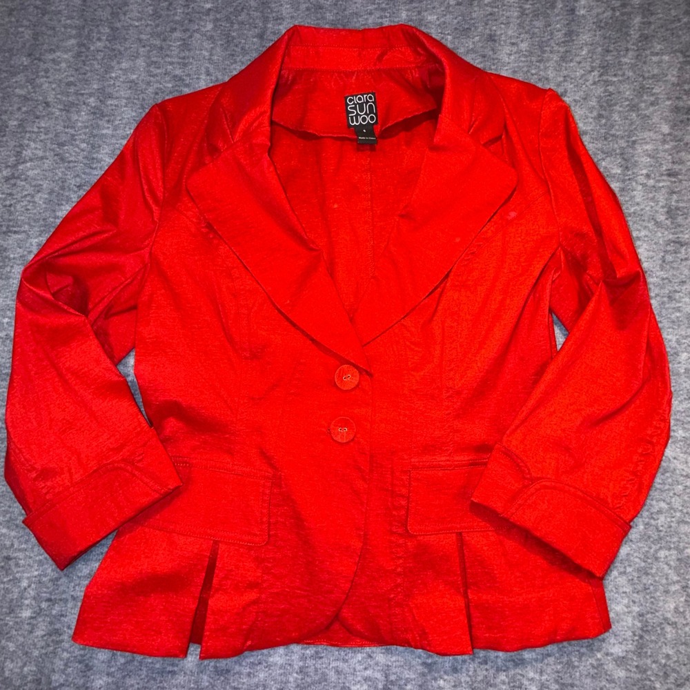 Clara Sun Woo Red Blazer Womens Small 3/4 Sleeve Tulip Cuff Bow Back Jacket